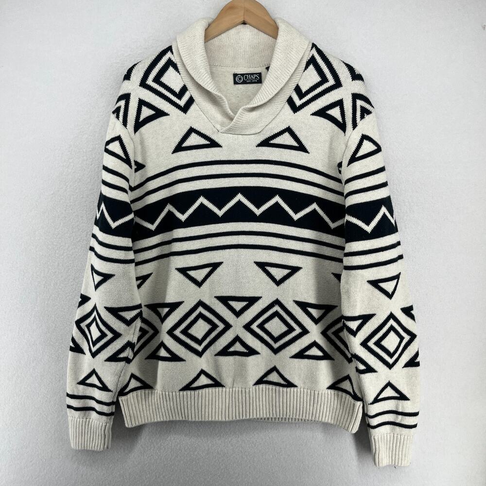 CHAPS Sweater Mens XL Southwestern Aztec Shawl Collar Pullover Cotton Off White